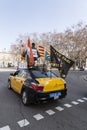 Taxi drivers protesting Uber, the online transportation app, in the streets of Barcelona, Spain