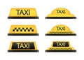 Taxi flat roof sign. Icon set taxi sign on blue background. Taxi sign on the roof of car. Vector illustration Royalty Free Stock Photo