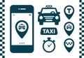 Taxi icons set. Flat style dark icons on white background. Map pin with taxi car, checks, map pins, timer signs. Taxi Royalty Free Stock Photo