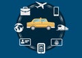 Taxi illustration icon in circle against blue background with travel and technology business icons