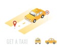 Taxi isometric isolated. Different sides of car. Online order taxi service horizontal illustration. Navigation and route. Flat