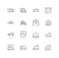 Taxi line icons collection. Cab, Driver, Fare, Meter, Taxi stand, Ride, Transportation vector and linear illustration