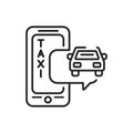Taxi mobile application in smartphone black line icon. Pictogram for web page, mobile app, promo. UI UX GUI design element. Royalty Free Stock Photo