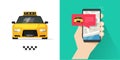 Taxi mobile cell phone order service vector with online info message and map location on screen with yellow luxury taxicab car Royalty Free Stock Photo