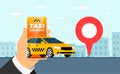 Taxi mobile ordering service app concept. Online order yellow cab. Hand holding smartphone with geotag gps location pin