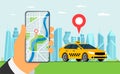 Taxi mobile ordering service app concept. Online order yellow cab. Hand holding smartphone with geotag gps location pin