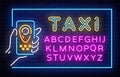 Taxi Neon Signboard in Frame Vector. Taxi neon sign, design template, modern trend design, night neon signboard, night