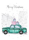 Taxi with New Year`s gifts on the roof. Winter and snow, new year and christmas. Vector illustration for a card or poster. Car.