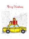 Taxi with New Year`s gifts on the roof. Winter and snow, new year and christmas. Vector illustration for a card or poster. Car.