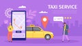 Taxi online service. Young man and woman order cab by smartphone. Big phone with map and location. Mobile app for book