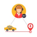 Taxi operator helps to find a client taxi driver. vector icon for business.