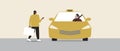 Taxi order, African person passenger, Flat vector stock illustration with Woman taxi driver with order a car for transportation