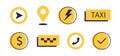 Taxi order online service icons set. Icon urban taxi service. Cab map pointer, cab signs. Checkers, pin, gps point, fast