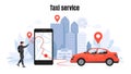 Taxi ordering. Car rent and sharing concept with cartoon character, mobile application mockup. Vector delivery service