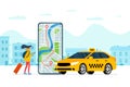 Taxi ordering service app concept. Girl booking yellow cab. Woman with smartphone order car transfer online. Route and