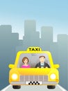 Taxi with passenger in big city