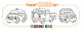 Funny small city cars with eyes. Coloring book set