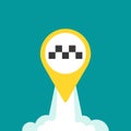 Taxi rocket pin with acceleration clouds. Vector taxi mobile app icon. Call a taxi online, mobile application Royalty Free Stock Photo
