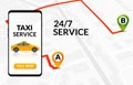 Taxi service app design. Mobile phone order taxi in city map location illustration