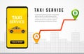 Taxi service app design. Mobile phone order taxi in city map location illustration