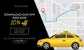 Taxi service banner with free ride discount vector illustration. Template with top view on modern city map with geolocation pins,