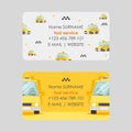 Taxi service business card design, vector illustration. Fast and reliable cab company contacts. Yellow car in cartoon Royalty Free Stock Photo