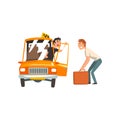 Taxi Service, Car Driver Talking with Male Passenger Vector Illustration