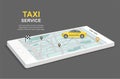 Taxi service concept. Business infographic with transport on smartphone. Isometric Illustration