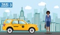 Taxi service concept. Detailed illustration of african american businesswoman on background with taxi and cityscape in Royalty Free Stock Photo