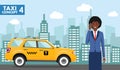 Taxi service concept. Detailed illustration of african american businesswoman on background with taxi and cityscape in Royalty Free Stock Photo