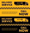 Taxi service design over yellow and black background. Silhouette of delivery truck. Vector flat illustration. Banner