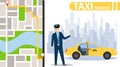 Taxi service. Taxi driver offers to get into the car. Map of the city with locations. Vector, cartoon illustration Royalty Free Stock Photo