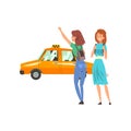 Taxi Service, Female Clients Hailing a Taxi Car Cartoon Vector Illustration