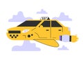 Taxi service of the future. Self-driving flying yellow taxi car. Futuristic