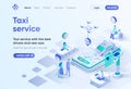 Taxi service isometric landing page. Best drivers and new cars, city transfer, passenger transportation. Online taxi order Royalty Free Stock Photo