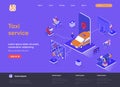 Taxi service isometric landing page. Web application for online taxi order, booking service, passenger transportation isometry web Royalty Free Stock Photo