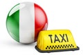 Taxi service in Italy concept. Yellow taxi car signboard with Italian flag, 3D rendering