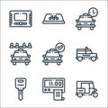 taxi service line icons. linear set. quality vector line set such as tuk tuk, taximeter, car key, taxi, taxi, sharing, schedule