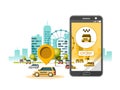 Taxi service mobile application. City skyscrapers building skyline with car on smart phone. Navigate application.