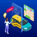 Taxi service. Mobile phone with taxi app on city background. Online mobile taxi order service app. Isometric taxi yellow