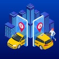 Taxi service. Mobile phone with taxi app on city background. Online mobile taxi order service app. Isometric taxi yellow