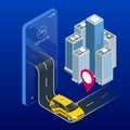 Taxi service. Mobile phone with taxi app on city background. Online mobile taxi order service app. Isometric taxi yellow