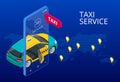 Taxi service. Mobile phone with taxi app on city background. Online mobile taxi order service app. Isometric taxi yellow