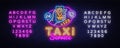 Taxi Service Neon Signboard Vector. Taxi Online neon sign, Hands with smartphone and taxi application design template