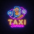 Taxi Service Neon Signboard Vector. Taxi Online neon sign, Hands with smartphone and taxi application design template