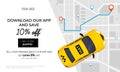 Taxi service promo ad banner with promotional code vector illustration. Template with profitable offer to download app and get sal