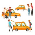 Taxi Service Set, Clients Waving to Taxi, Man Putting Luggage in Car Vector Illustration