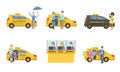 Taxi Service Set, Taxi Driver in Yellow Car and Passengers, Customers Catching Cab, Call Operator Support Service