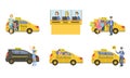 Taxi Service Set, Taxi Driver in Yellow Car and Passengers, Customers Catching Cab, Call Operator Support Service Vector