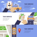 Taxi service travel concept. Vector illustration of yellow cab on road and mobile app on smartphone screen